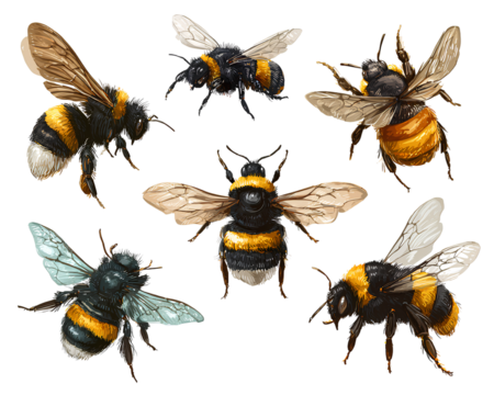 Set of various bees on a transparent
