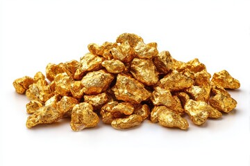 A heap of rough gold nuggets piled together isolated on white background