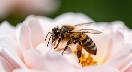honeybee pollinating a delicate pink rose highresolution stock photo for nature ecology and agriculture projects