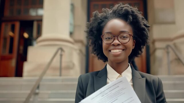 Woman with glasses, blazer holds papers, smiling confidently on outdoor steps, possibly government or academic institution. She presents professional, positive .