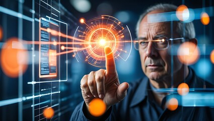 Senior expert interacting with a futuristic holographic data interface