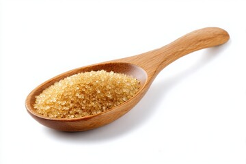 A wooden spoon filled with light brown granulated sugar isolated on white background
