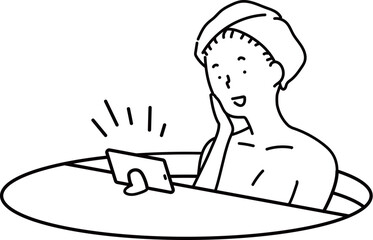 動画を視聴しながら半身浴をする女性_線画