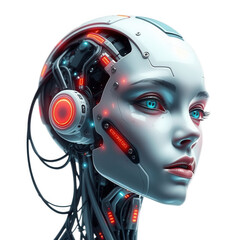 A futuristic female cyborg with advanced artificial intelligence and intricate cybernetic enhancements isolated on transparent background