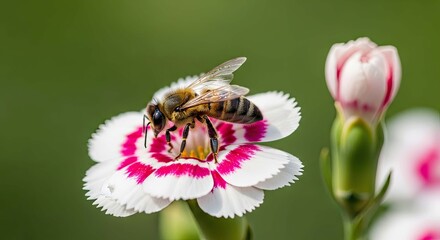 honeybee pollinating a vibrant pink and white dianthus flower perfect for spring nature and ecology themes