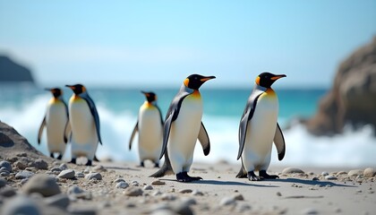 King penguins standing on the beach in the Falkland Islands.