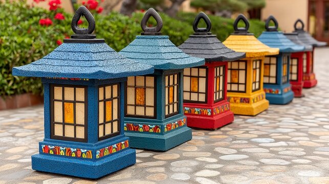 Colorful Mosaic Lanterns on Stone Path Outdoor Decor