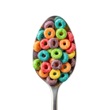 A polished silver tablespoon overflowing with crisp, vibrant rainbow cereal loops, isolated on transparent, bright studio lighting, `Concept for food product advertising`
