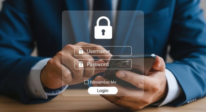 Secure digital login interface with lock icon overlay. Professional person in blue suit using smartphone. Cybersecurity and technology theme with login form.