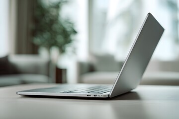 A silver laptop sits on a light colored table with a blurred background in a bright room setting