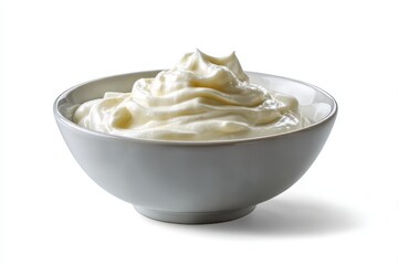 A bowl of creamy whipped topping with swirls isolated on white background