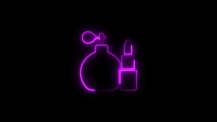 Neon pink cosmetics illustration featuring perfume bottle and lipstick outline on black