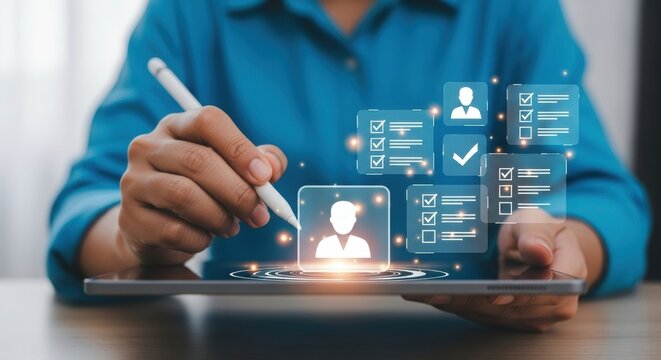 Digital illustration of person using stylus on tablet with futuristic UI. Modern tech interaction with touchscreen and digital icons. User interface design and app engagement concept.