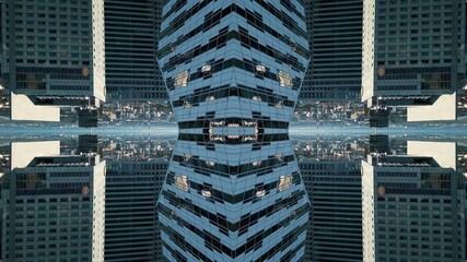 mirrored fractal effect of modern tall skyscraper glass building in urban city environment, symmetry 3d metal exterior, creative tech abstract background 4k, immersive geometry vj loop - Powered by Adobe