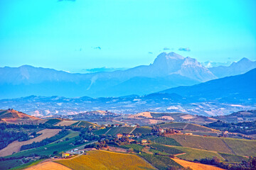 Fototapeta premium Landscape in Italy at sunset, Marche, Gran Sasso in Background