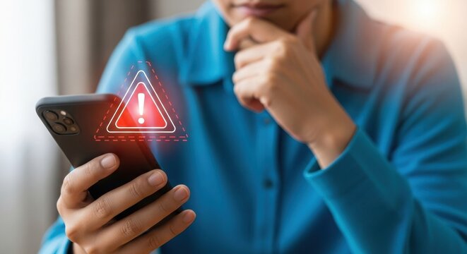 Thoughtful person holding smartphone with red warning alert. Digital notification and urgent message concept. Business professional receiving critical alert.
