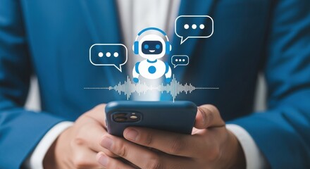 Digital illustration of a person interacting with a chatbot on a smartphone. AI assistant with speech bubbles and audio waveform. Modern communication technology.