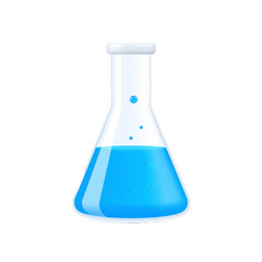 3d chemistry glass erlenmeyer flask with blue liquid substance and bubbles in air. Laboratory conical beaker with chemical reaction.