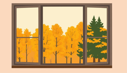 Autumn forest view from window with colorful yellow foliage  