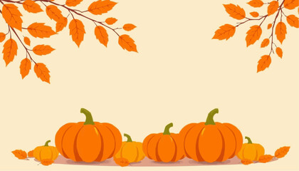 Autumn pumpkins with orange leaves on cream background  