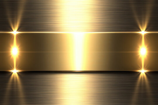 Gold metallic background with horizontal brushed texture and glowing light effects. Shiny golden band with light reflection.