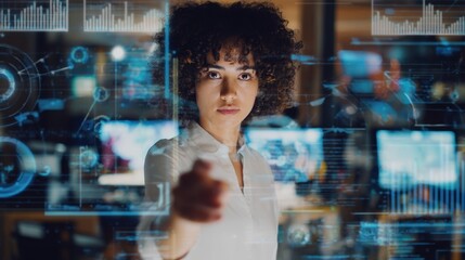 Woman interacting with advanced technology interface displaying data, charts, and futuristic elements.