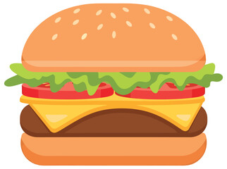 Delicious cheeseburger with lettuce, tomato, and melted cheese in a clean flat vector design - Perfect for fast food menus, snack illustrations, and restaurant branding concepts