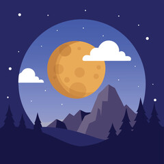 Obraz premium Full moon over dark mountains and pine trees night