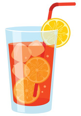 Refreshing glass of orange juice with ice cubes, straw, and lemon slice in a flat vector design - Perfect for summer drink themes, healthy beverage branding, and tropical concepts