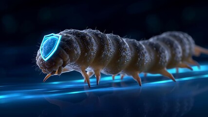 Phishing Awareness Concept. Digital art of caterpillar with shield symbolizing cybersecurity and protection against online threats.