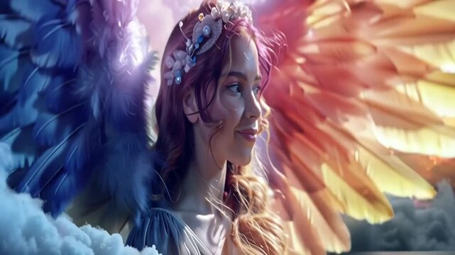 Beautiful Angel high up in the clouds looking out to her left turns and smiles towards the front