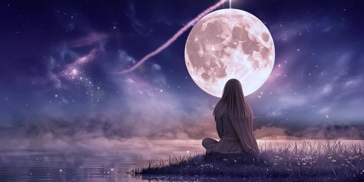 Woman sat on a grassy bank at night in front of a huge moon and a shooting star or spirit or sprite zooms down and and circles 