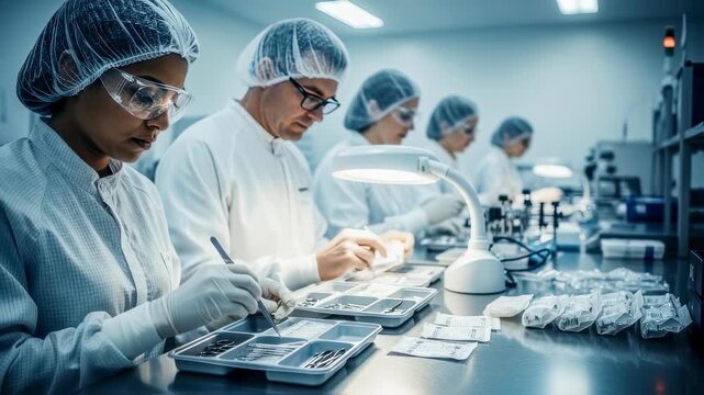 Team of technicians ensuring precision and compliance in plastic surgical kit manufacturing.