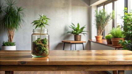 A vibrant green plant thrives in a glass jar, nestled amongst moss on a polished wooden table, a tranquil indoor scene with various potted plants in soft focus providing a calming backdrop.
