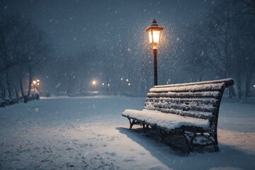 Snowy park bench at night