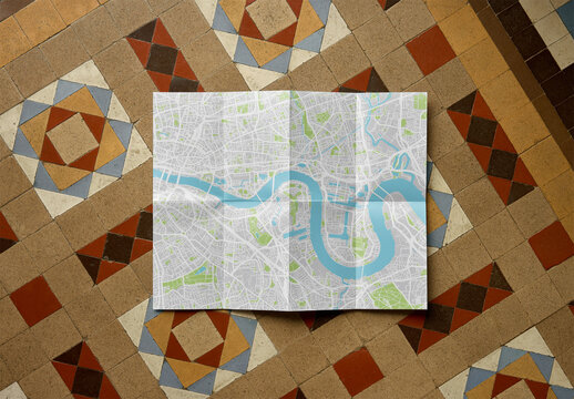 Mockup Of Piece Of Folded Paper On Tiled Floor, 8 Folds