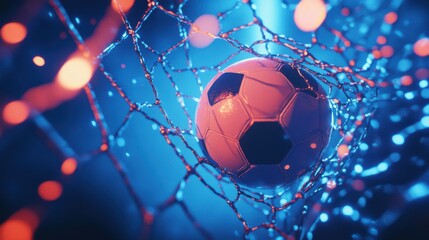 Naklejka premium Futuristic soccer ball in a net with glowing particles against a blue backdrop