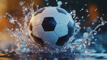 Fototapeta premium Soccer ball impact creates dynamic water splash effect in a mesmerizing scene