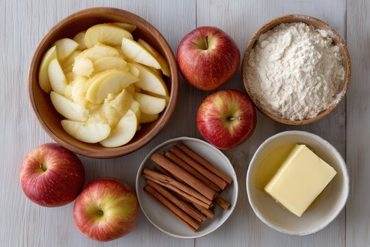 Flat Lay of Apple Dumpling Ingredients on Wooden Surface with Soft Lighting