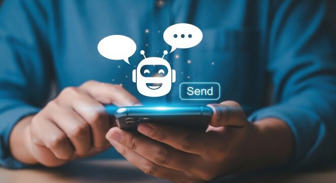 Person interacting with chatbot on smartphone. Smiling robot icon with speech bubbles and send button.