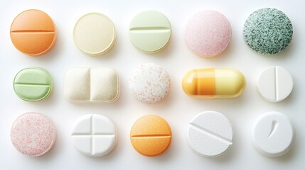 Obraz premium Colorful Variety of Medical Pills on White Background