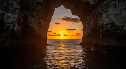 Sunset through a sea cave opening with ocean water reflection