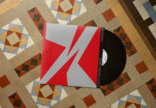 Mockup Of Customized Vinyl Lp And Album Cover On Tiled Floor
