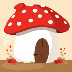 Whimsical mushroom house with red cap and white spots in garden  