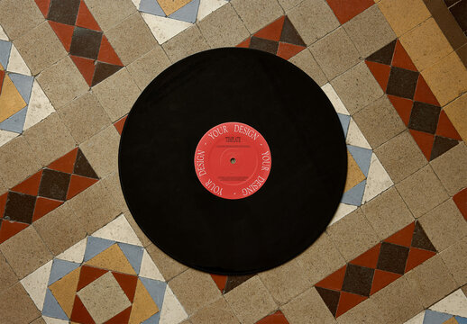Mockup Of Customizable Vinyl Lp On Tiled Floor