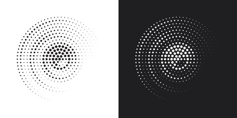 Halftone circle frame dotted background set. Round border Icon using halftone random circle dots raster texture. Grunge circular stain. Vector illustration.