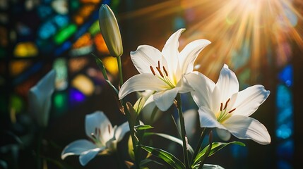 White lilies bloom in front of a stained glass window, bathed in light © JubayerHasan