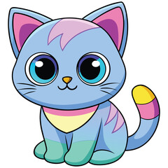 Cute Blue Cartoon Cat with Colorful Tail Vector Illustration