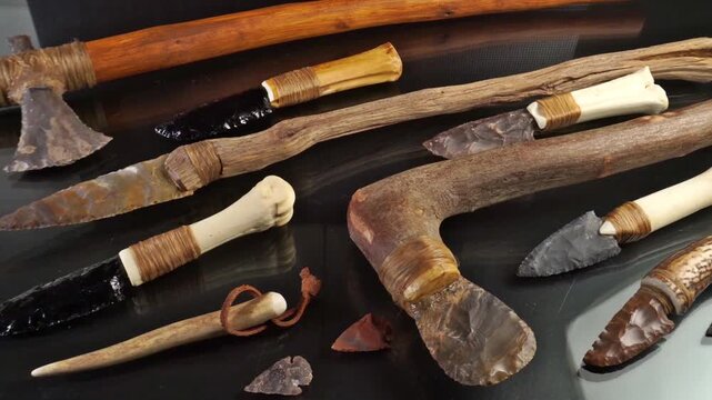 Stone Age Tools on black Background - Stone age Knives, Axe and Arrows
