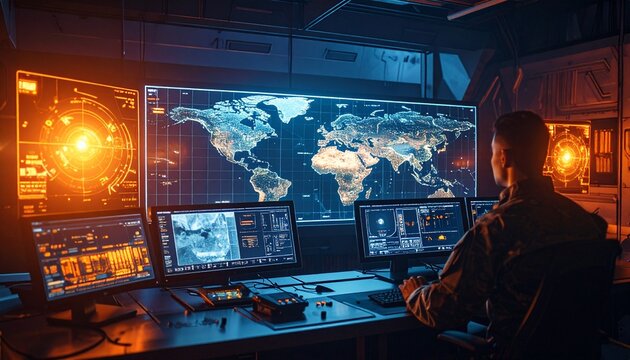 High-tech military warning interface in holographic 3D with orange flashing alerts and tactical HUD elements, low-light amber tones and futuristic cyber display.